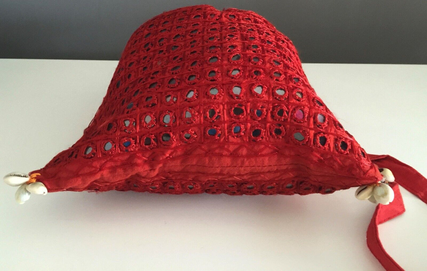 Drawstring Bag CrossBody Pouch Red Mirror & Shell Fabric Duffle Shopper Boho