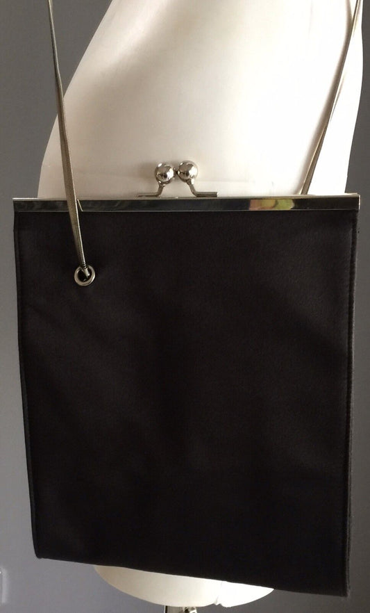 OOH LA LA Shoulder Bag Handbag Black Satin & Silver  Chain Evening Frame Vintage