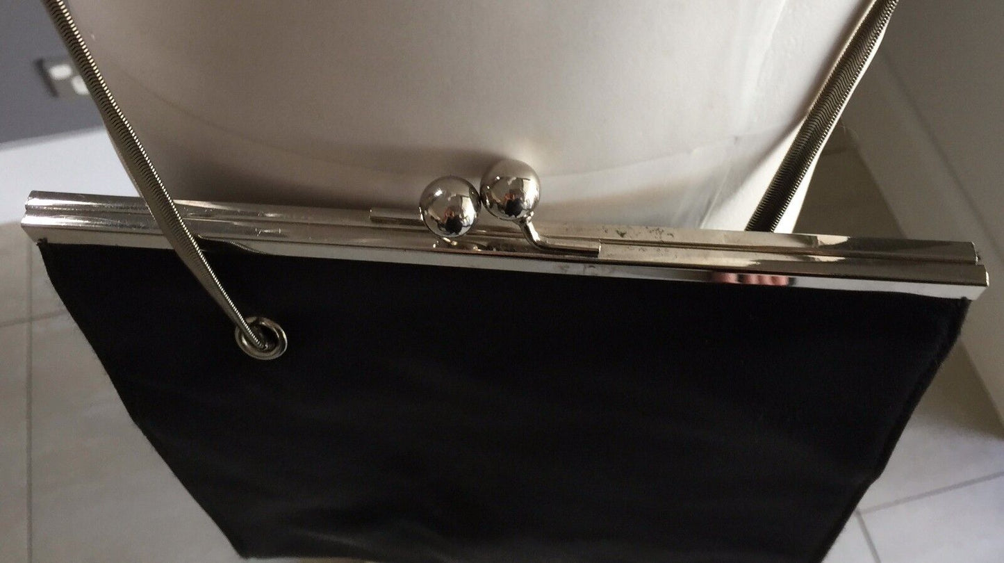 OOH LA LA Shoulder Bag Handbag Black Satin & Silver  Chain Evening Frame Vintage