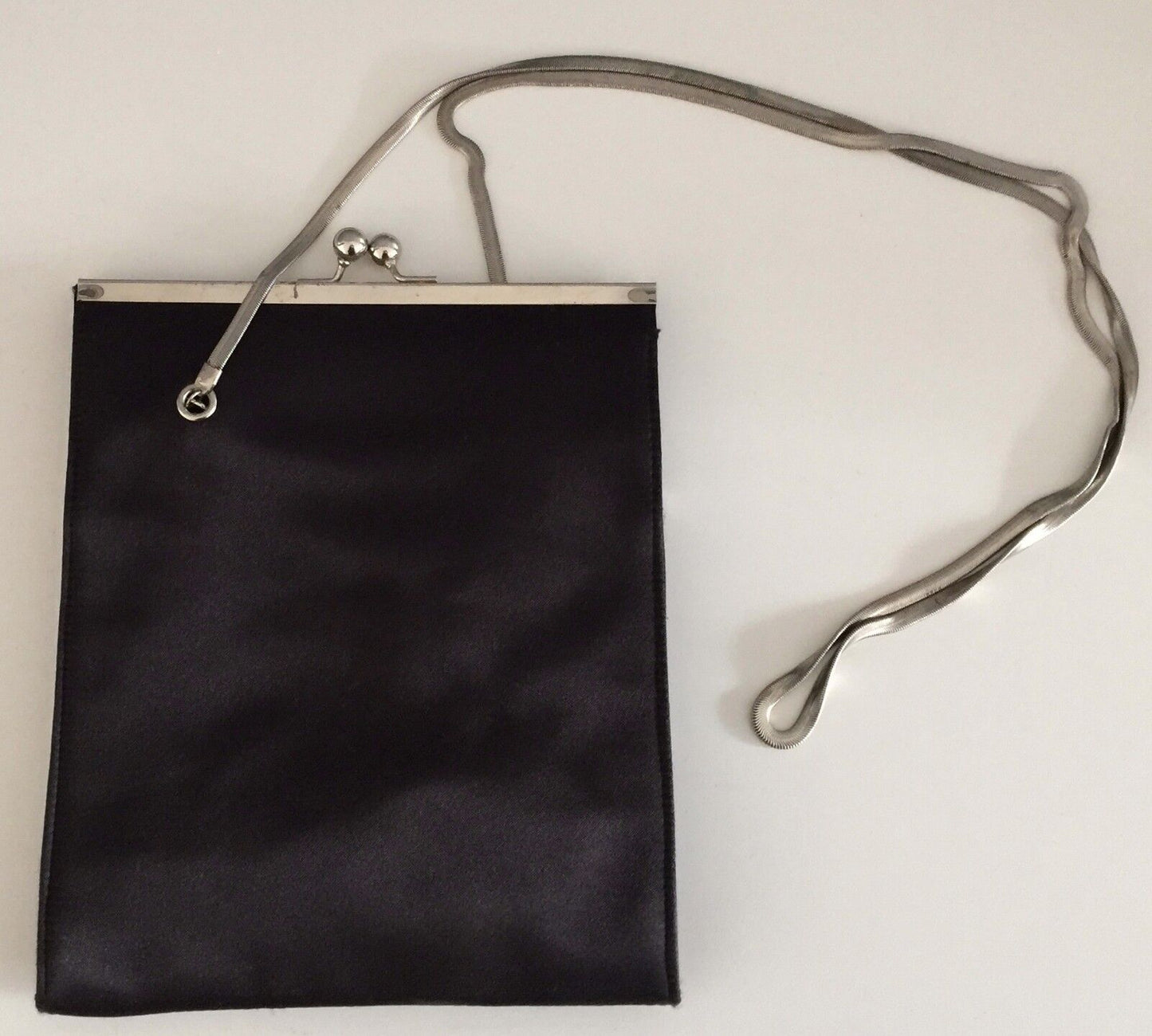 OOH LA LA Shoulder Bag Handbag Black Satin & Silver  Chain Evening Frame Vintage