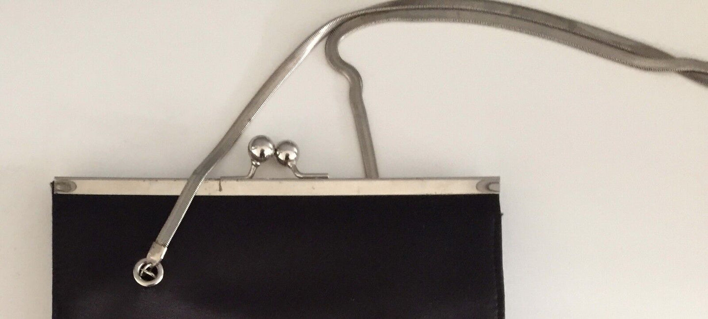 OOH LA LA Shoulder Bag Handbag Black Satin & Silver  Chain Evening Frame Vintage