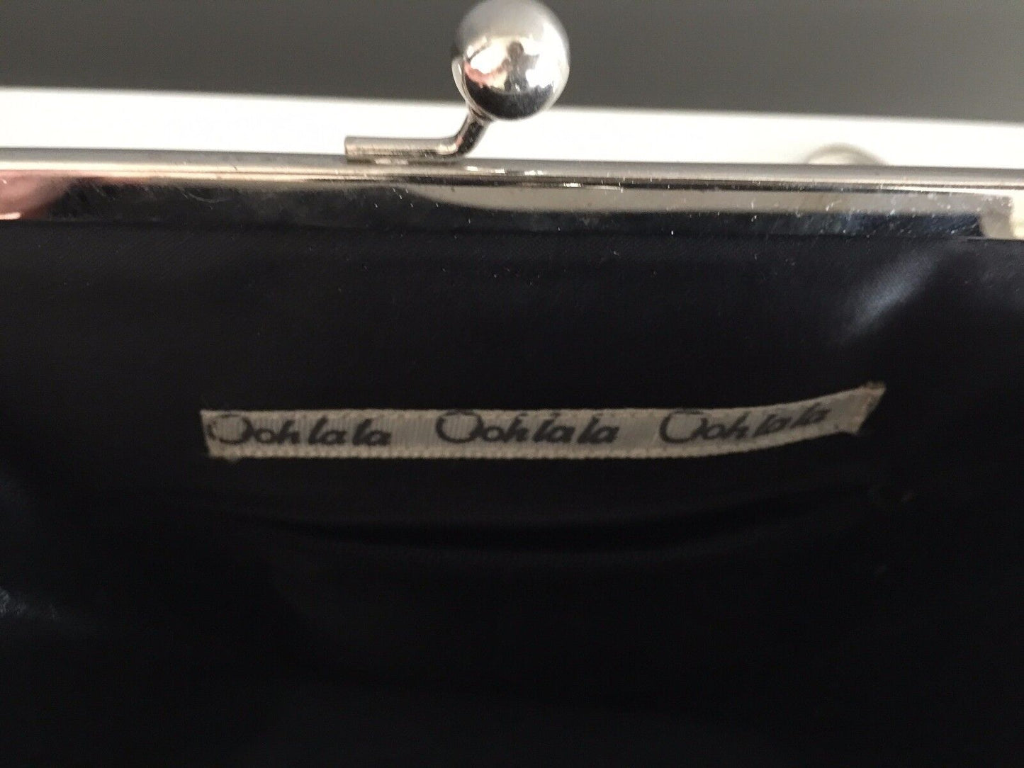 OOH LA LA Shoulder Bag Handbag Black Satin & Silver  Chain Evening Frame Vintage
