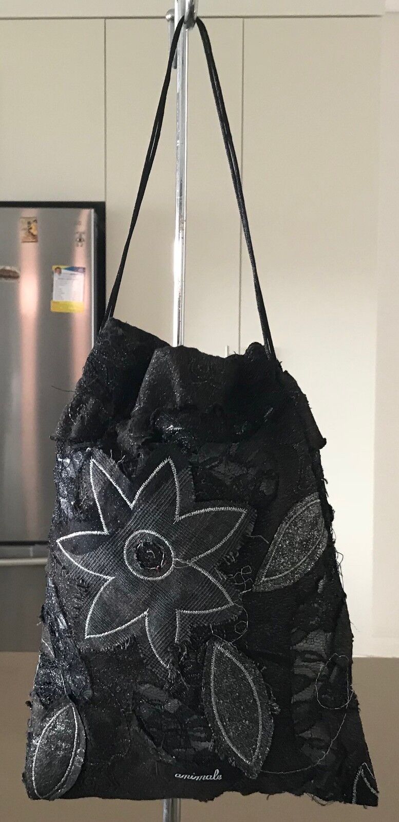 Bag ANIMALE Drawstring Pouch Black Grey & Silver Floral Applique Fabric
