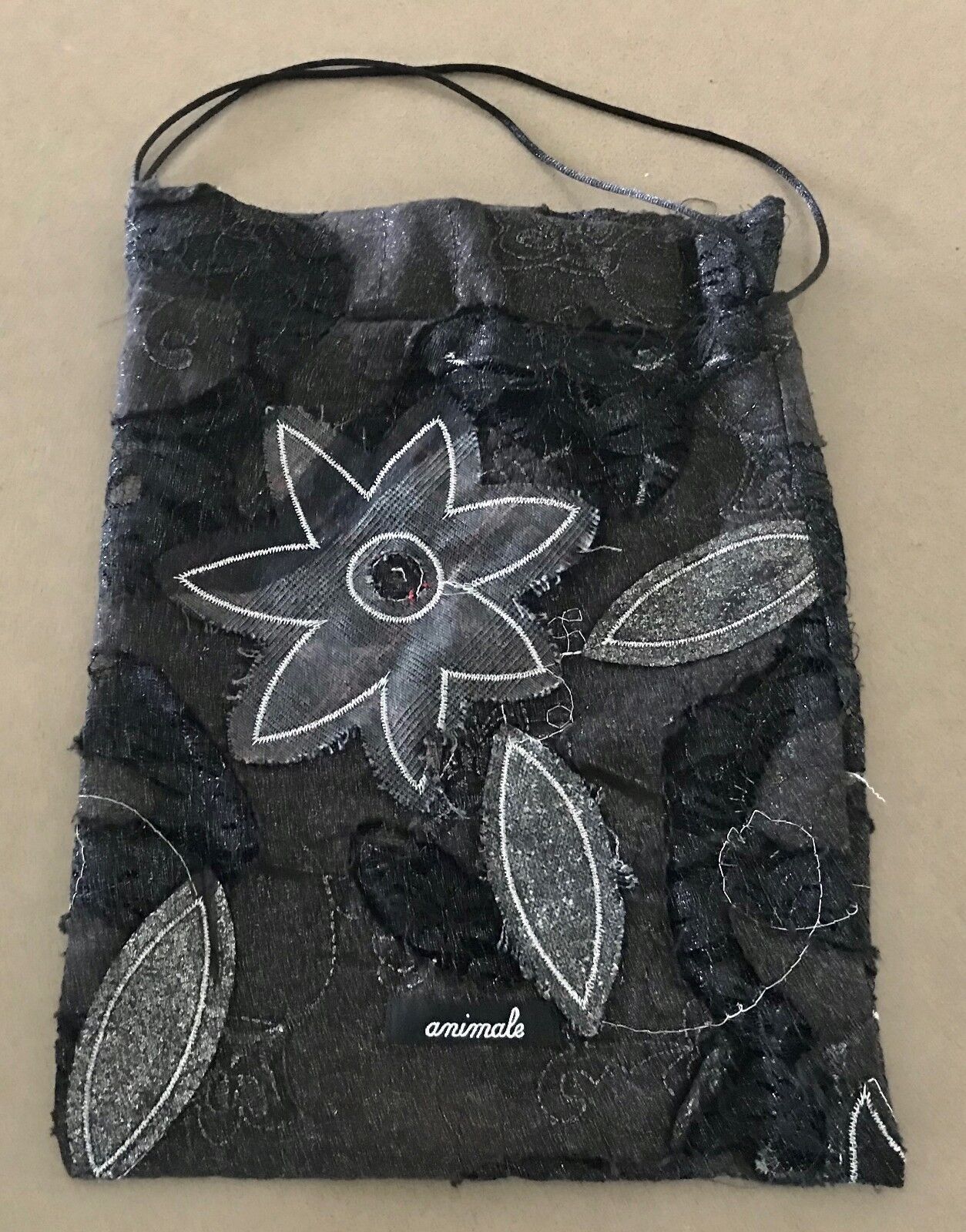Bag ANIMALE Drawstring Pouch Black Grey & Silver Floral Applique Fabric