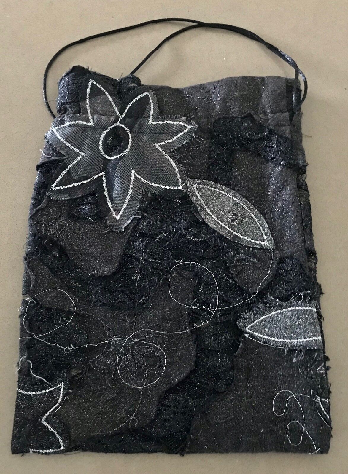 Bag ANIMALE Drawstring Pouch Black Grey & Silver Floral Applique Fabric