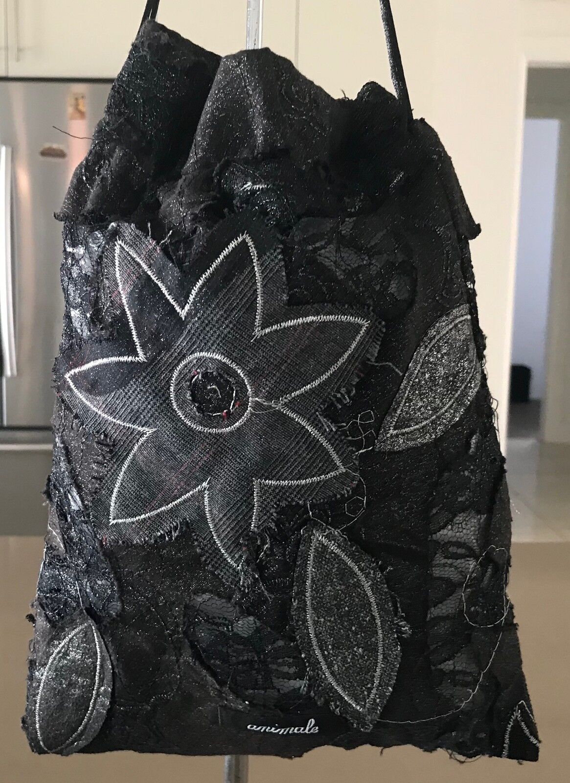 Bag ANIMALE Drawstring Pouch Black Grey & Silver Floral Applique Fabric