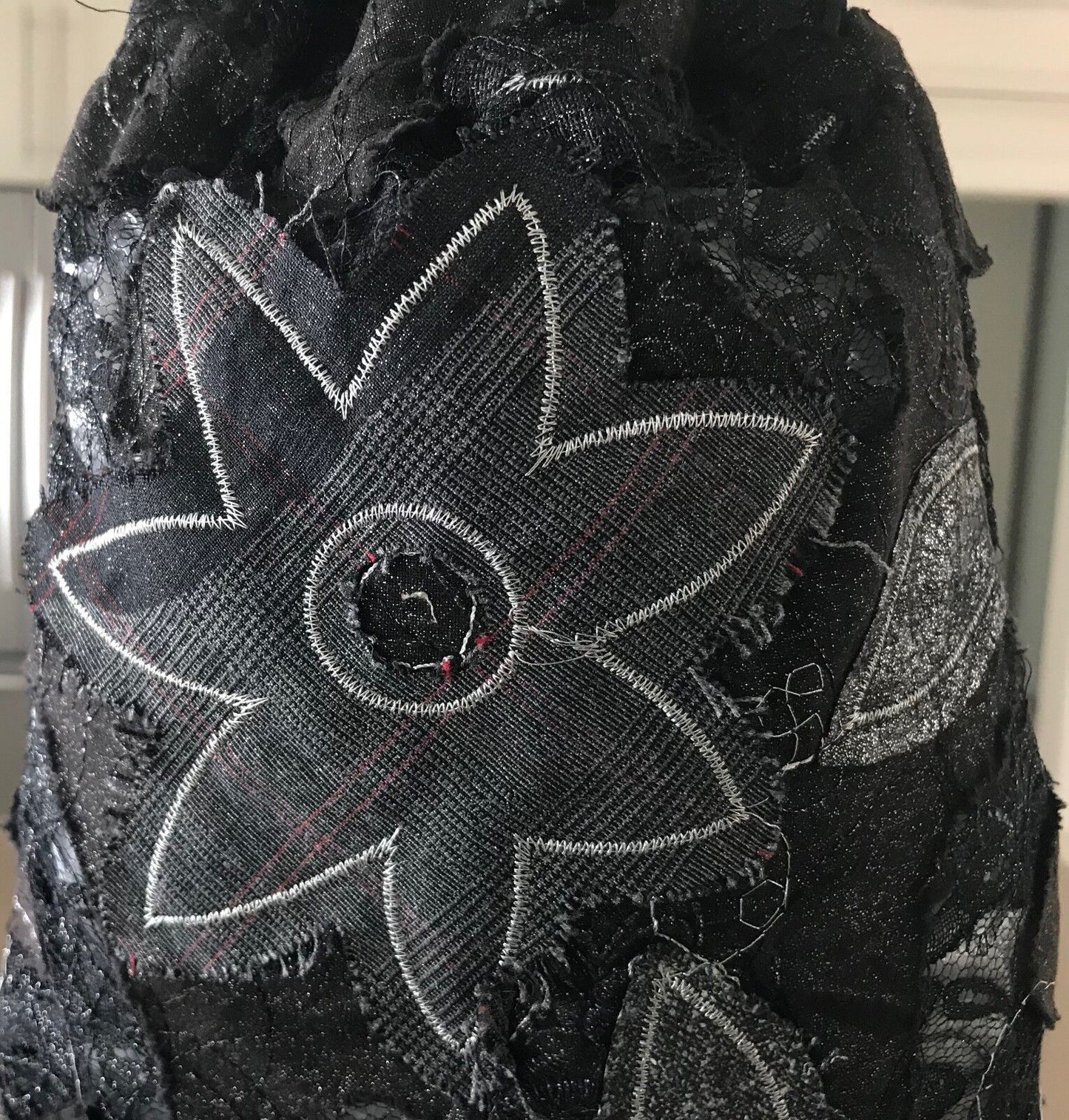 Bag ANIMALE Drawstring Pouch Black Grey & Silver Floral Applique Fabric