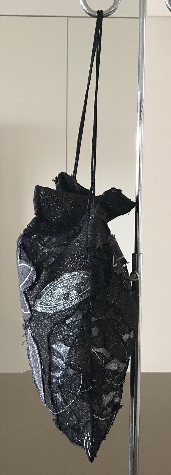 Bag ANIMALE Drawstring Pouch Black Grey & Silver Floral Applique Fabric