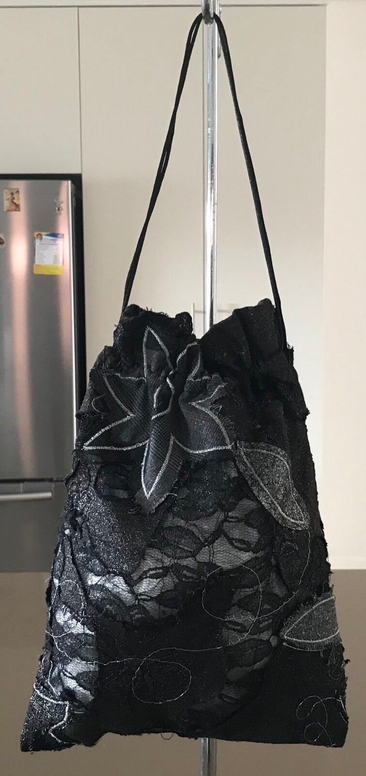 Bag ANIMALE Drawstring Pouch Black Grey & Silver Floral Applique Fabric