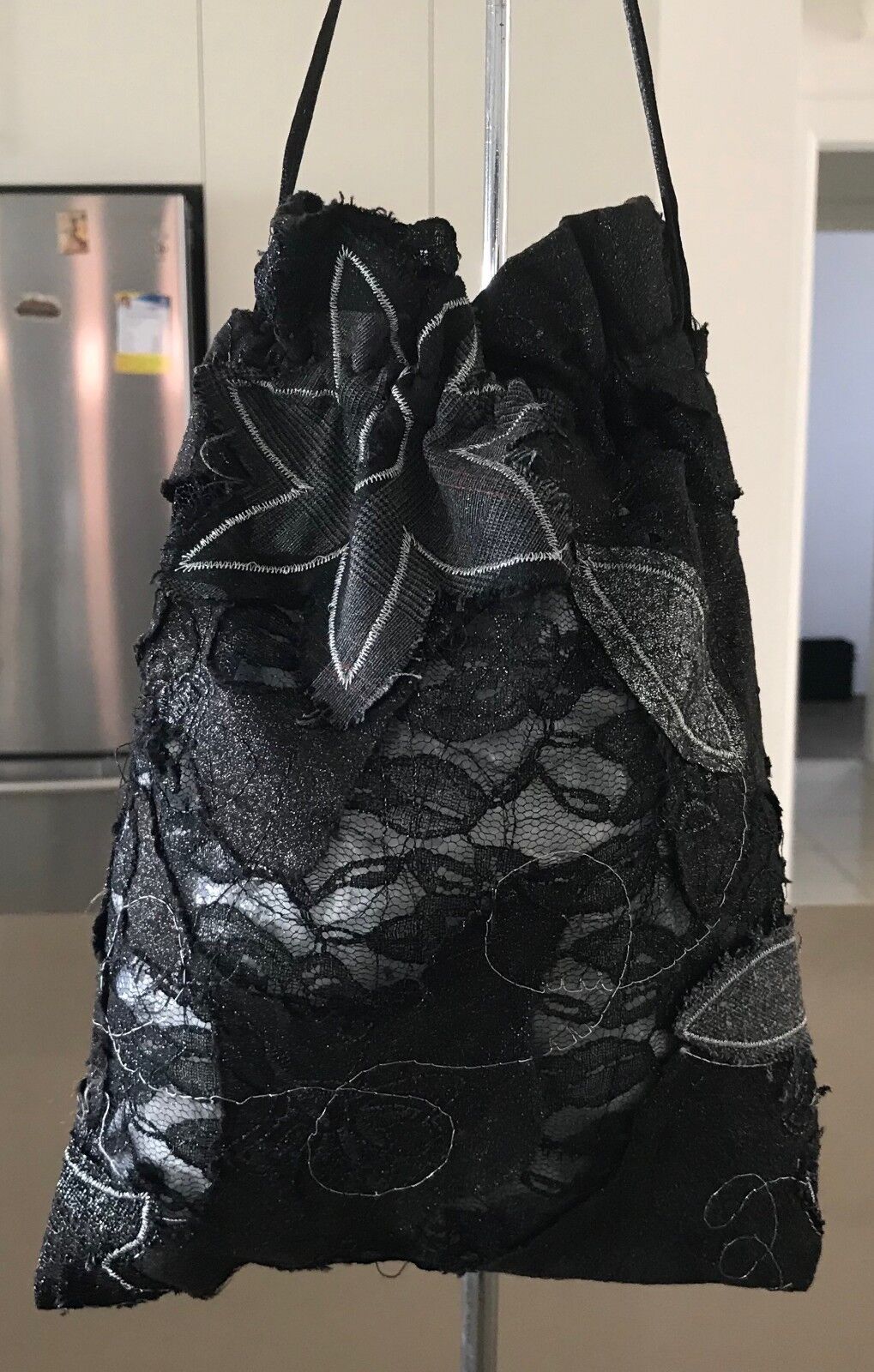 Bag ANIMALE Drawstring Pouch Black Grey & Silver Floral Applique Fabric