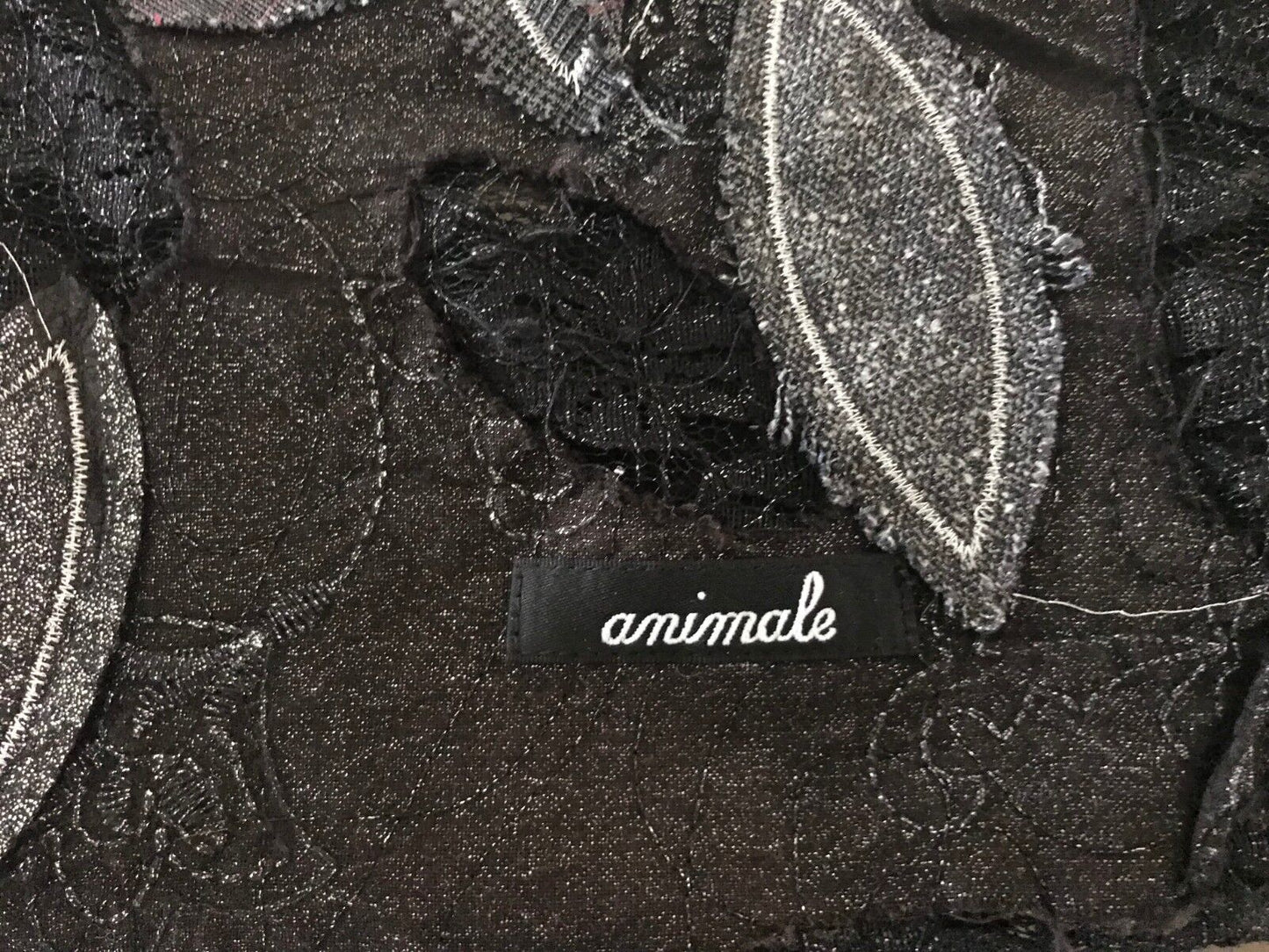 Bag ANIMALE Drawstring Pouch Black Grey & Silver Floral Applique Fabric
