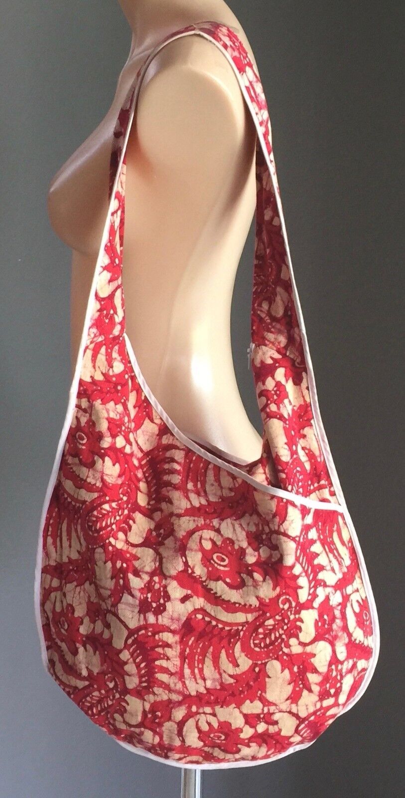 Shoulder Bag Round Flat Red Beige White Paisley Floral Batik Cotton Beach NEW