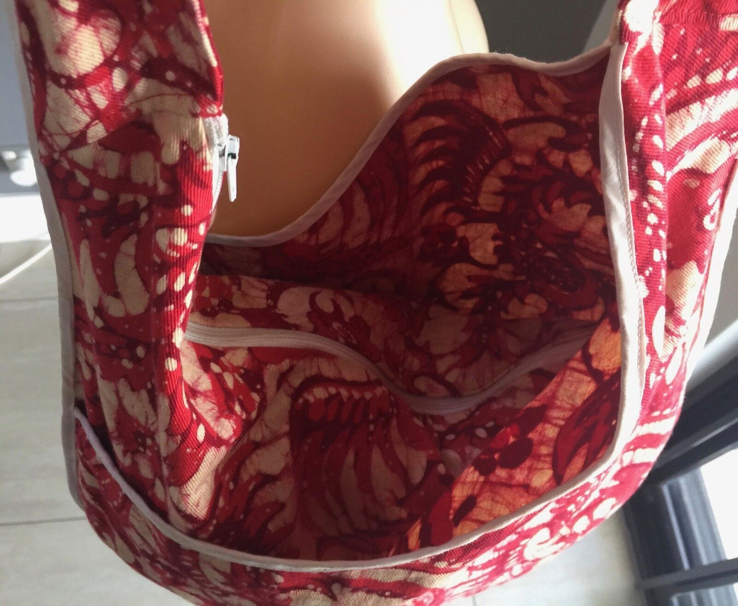 Shoulder Bag Round Flat Red Beige White Paisley Floral Batik Cotton Beach NEW