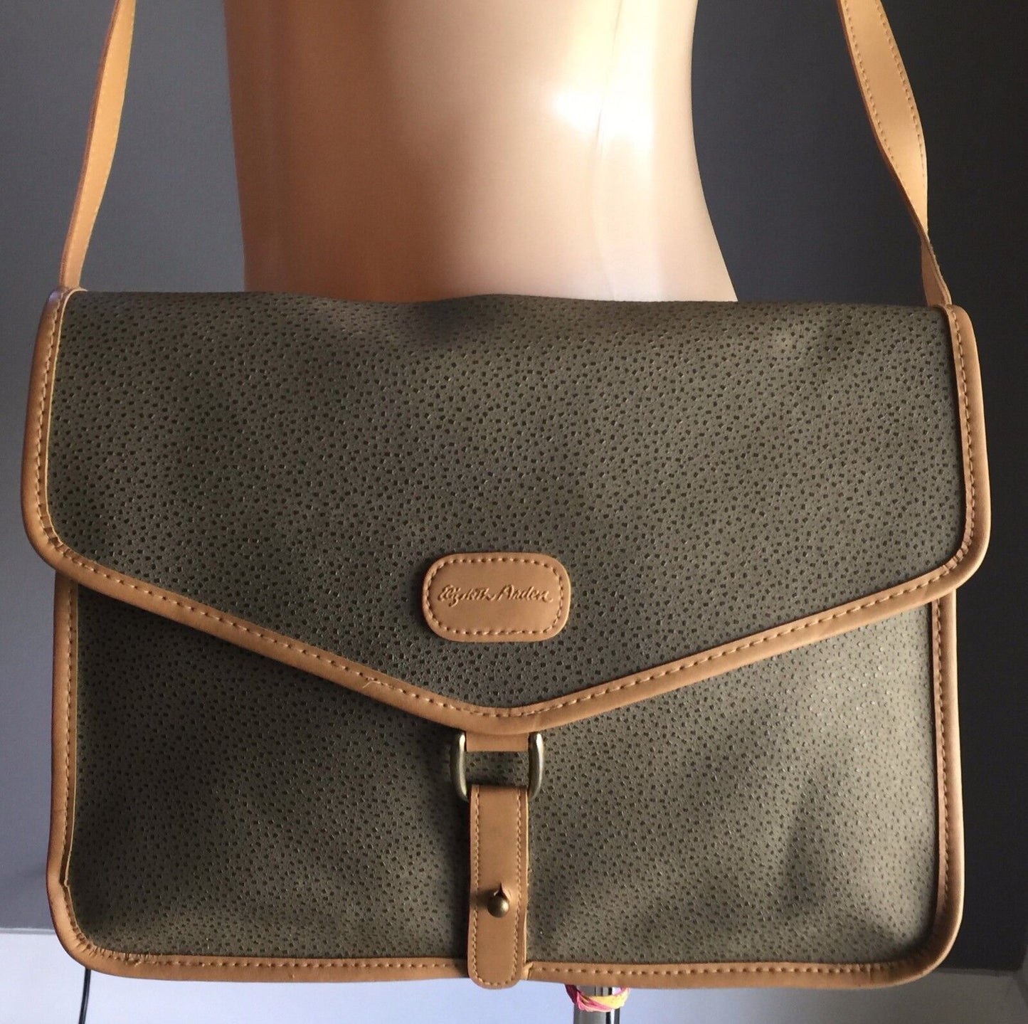 Shoulder Bag ELIZABETH ARDEN Textured PU Brown & Tan Trim Messenger Retro