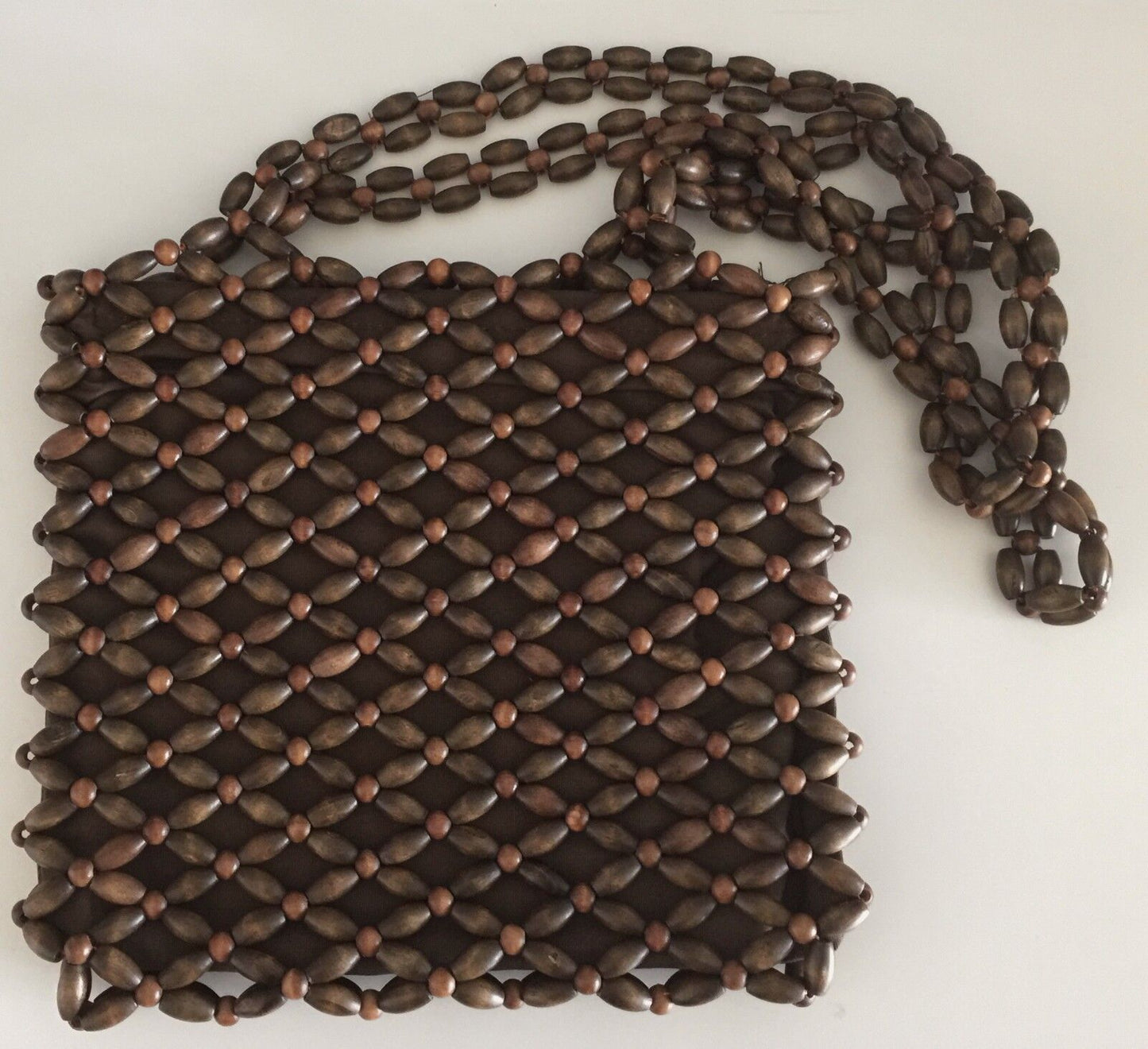Shoulder Bag Boho Woven Chunky Brown Wooden Bead Zip Top Cross NEW Beaded