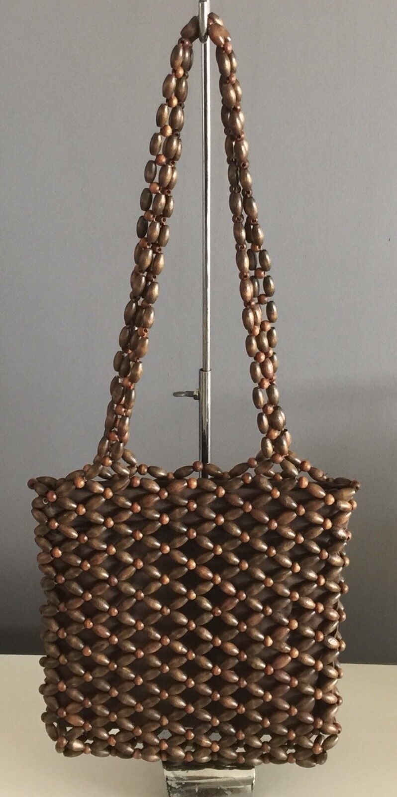 Shoulder Bag Boho Woven Chunky Brown Wooden Bead Zip Top Cross NEW Beaded