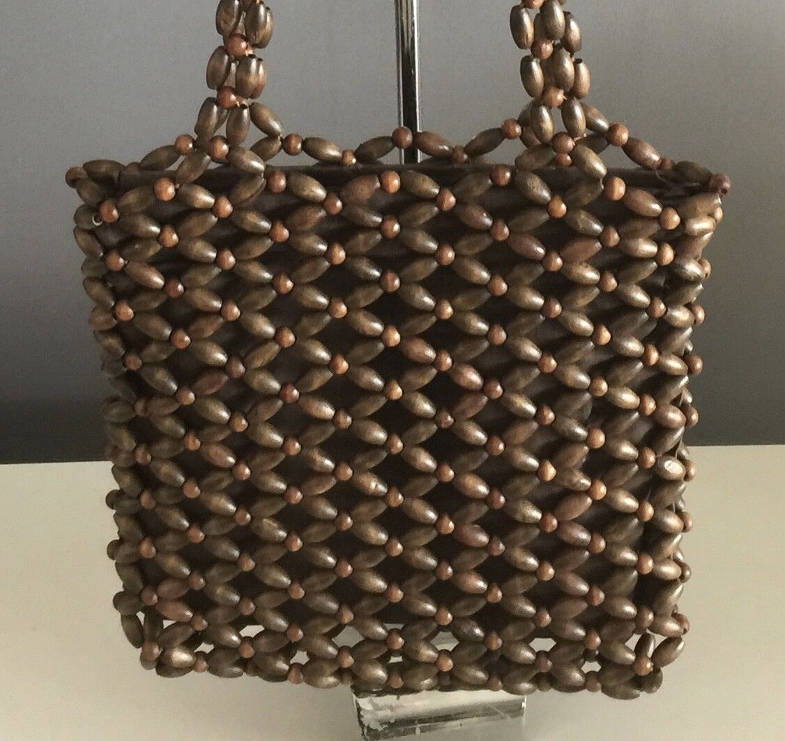 Shoulder Bag Boho Woven Chunky Brown Wooden Bead Zip Top Cross NEW Beaded