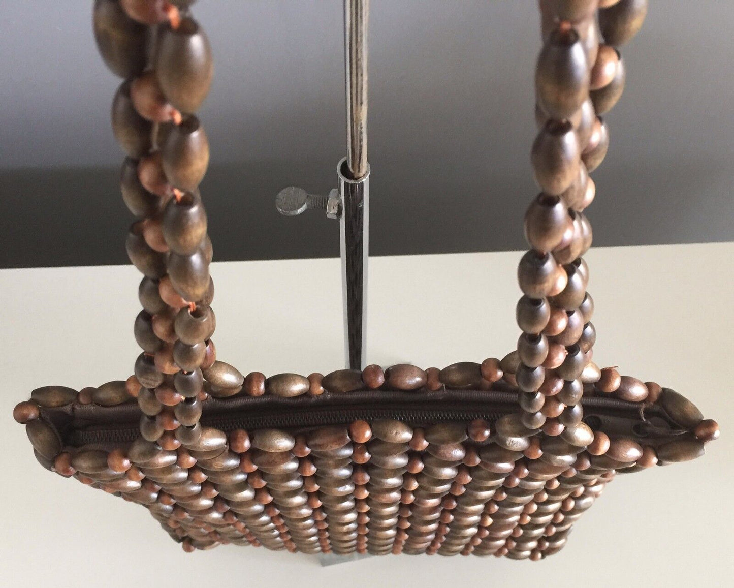 Shoulder Bag Boho Woven Chunky Brown Wooden Bead Zip Top Cross NEW Beaded