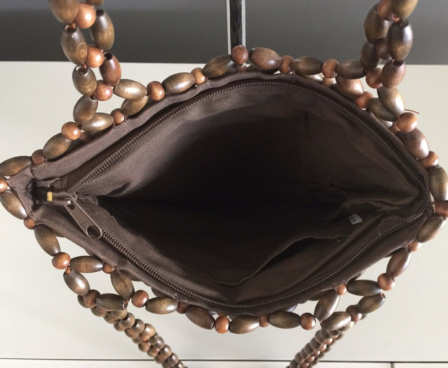 Shoulder Bag Boho Woven Chunky Brown Wooden Bead Zip Top Cross NEW Beaded