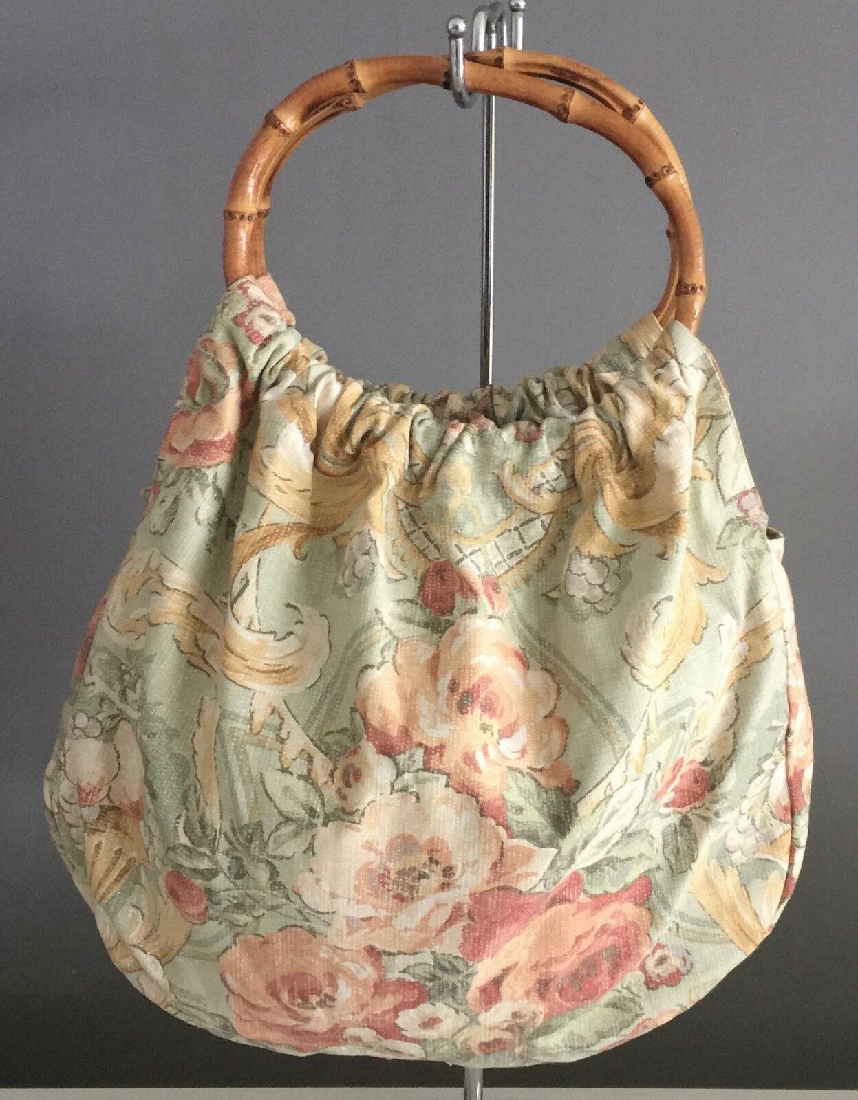Carry BAG Bamboo Ring Handle Cotton Reversible Green Pasterl Floral NEW Shopper