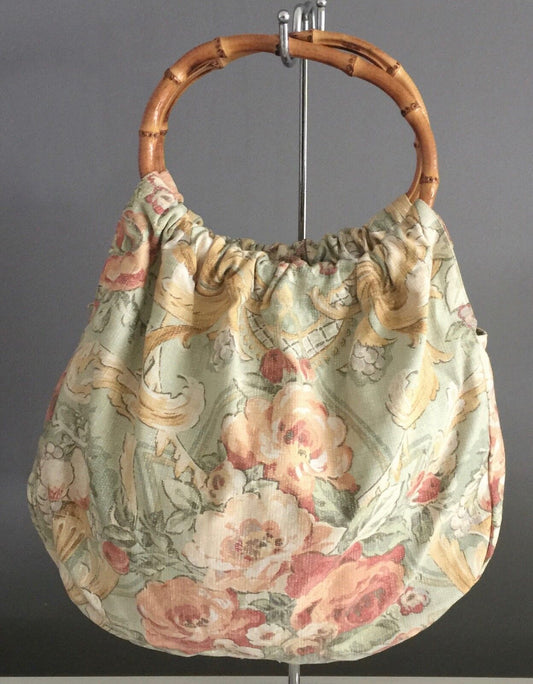 Carry BAG Bamboo Ring Handle Cotton Reversible Green Pasterl Floral NEW Shopper