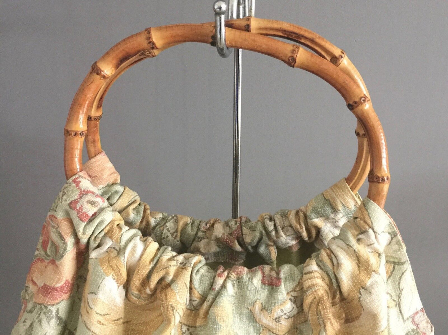 Carry BAG Bamboo Ring Handle Cotton Reversible Green Pasterl Floral NEW Shopper