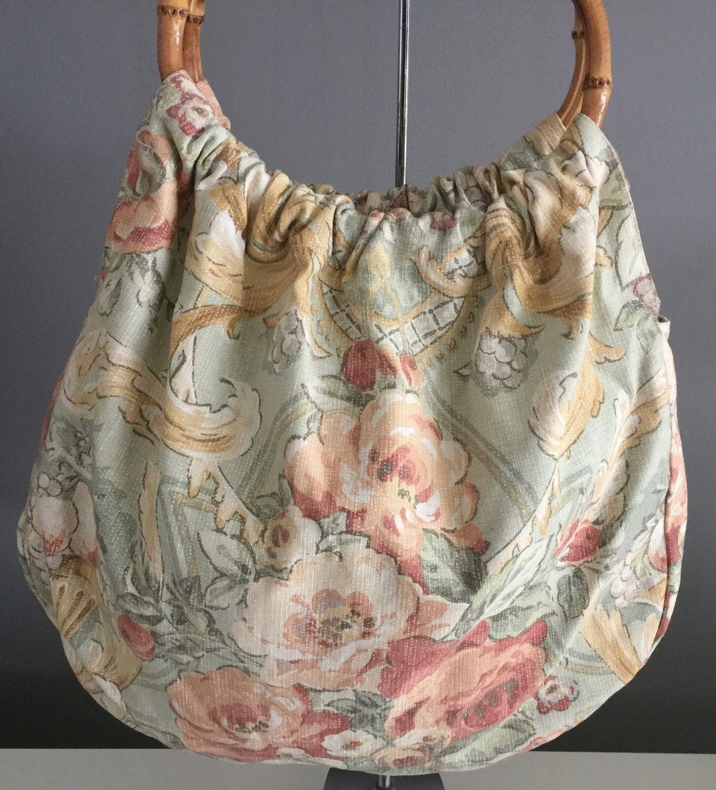 Carry BAG Bamboo Ring Handle Cotton Reversible Green Pasterl Floral NEW Shopper