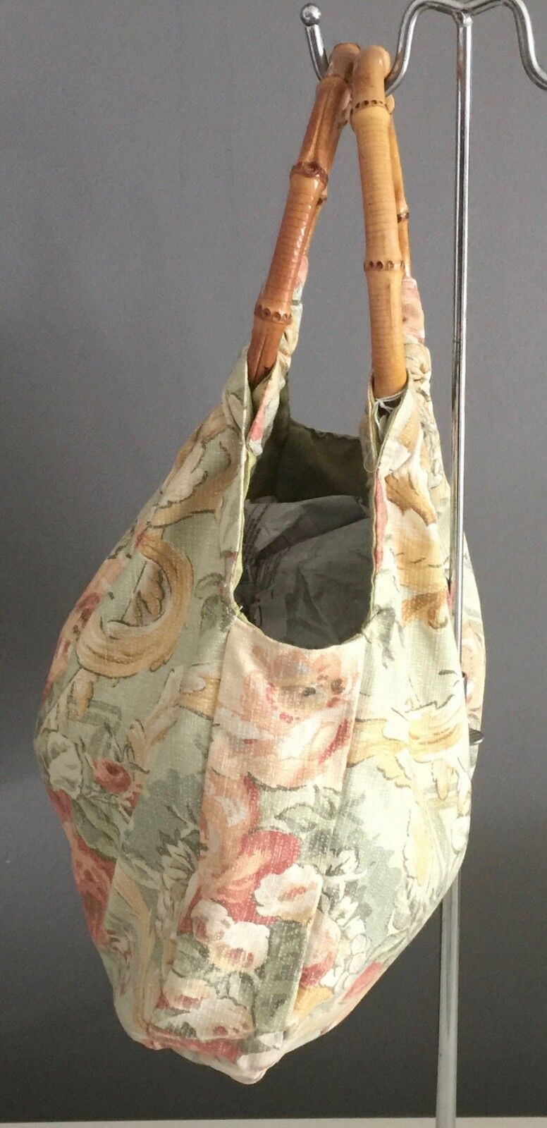 Carry BAG Bamboo Ring Handle Cotton Reversible Green Pasterl Floral NEW Shopper