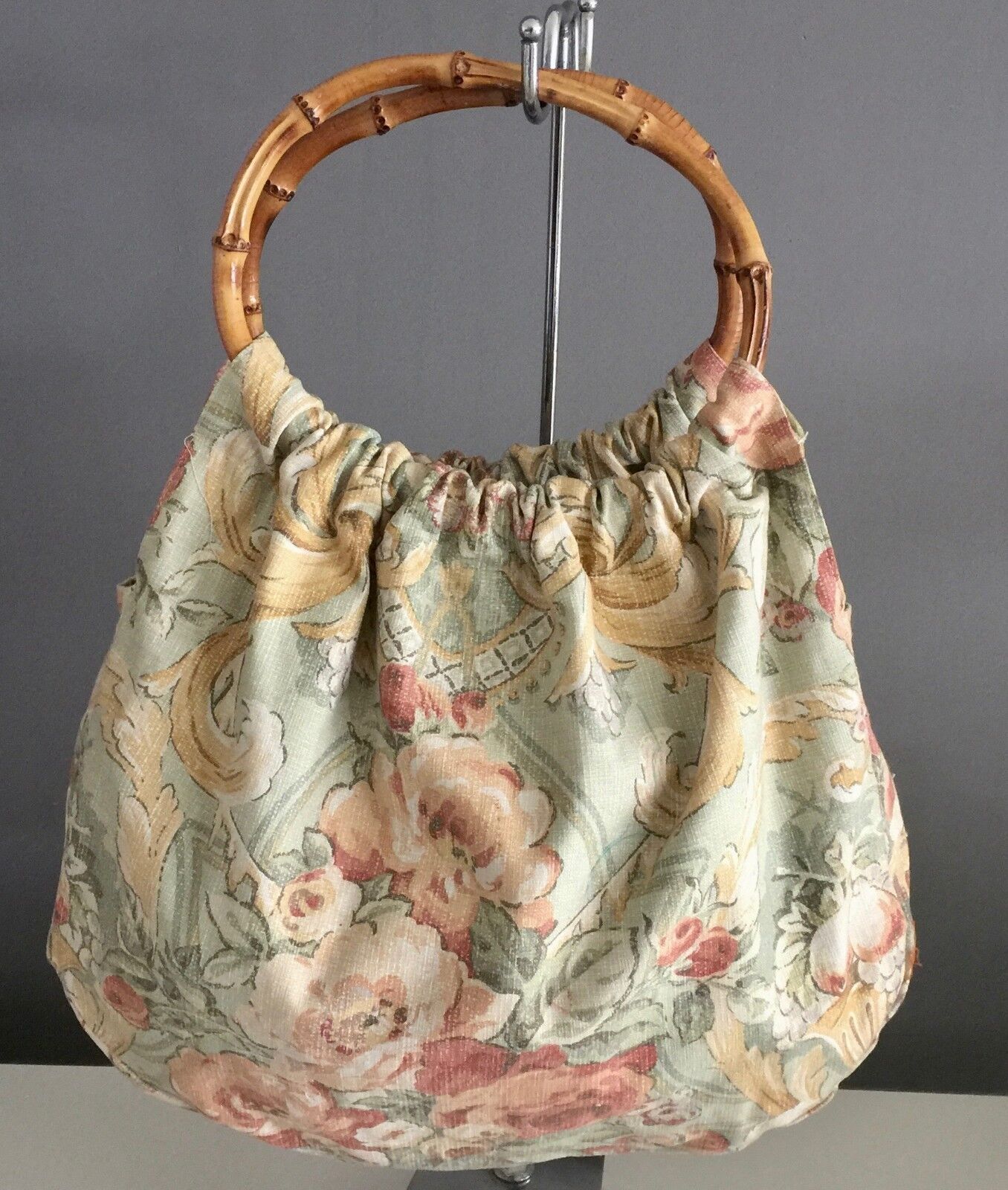 Carry BAG Bamboo Ring Handle Cotton Reversible Green Pasterl Floral NEW Shopper