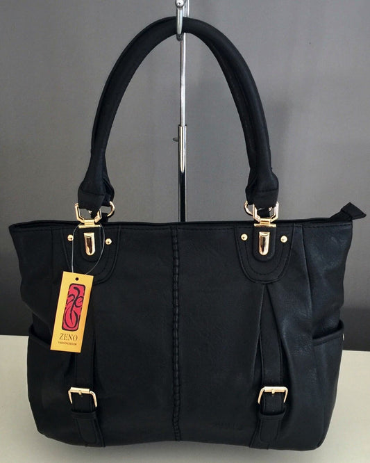 ZENO Shoulder Bag HandBag Black Pleather Textured Tote Shopper NEW