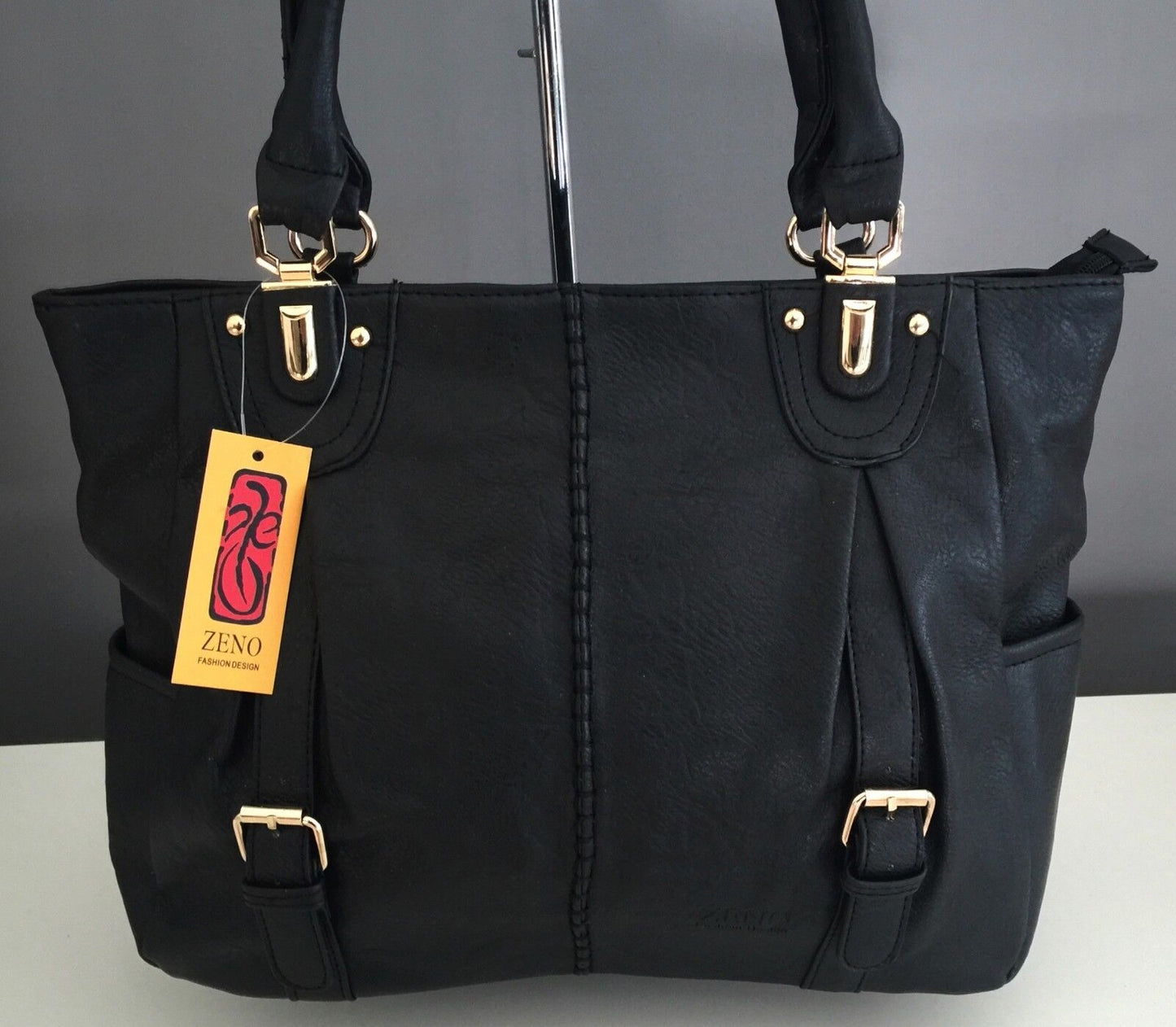 ZENO Shoulder Bag HandBag Black Pleather Textured Tote Shopper NEW