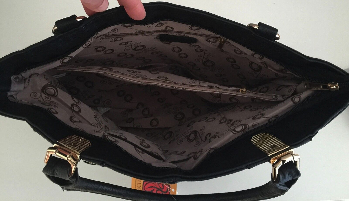 ZENO Shoulder Bag HandBag Black Pleather Textured Tote Shopper NEW