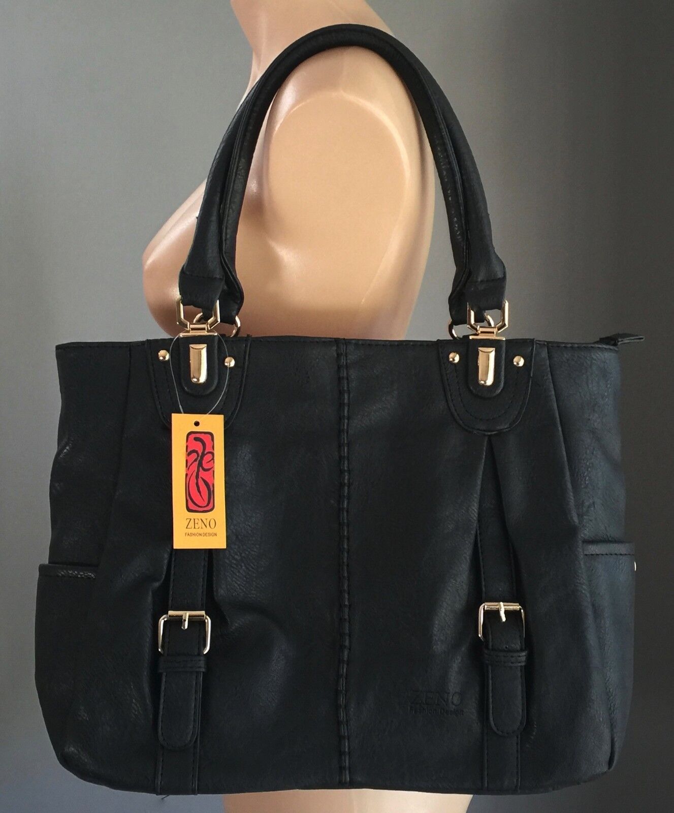 ZENO Shoulder Bag HandBag Black Pleather Textured Tote Shopper NEW