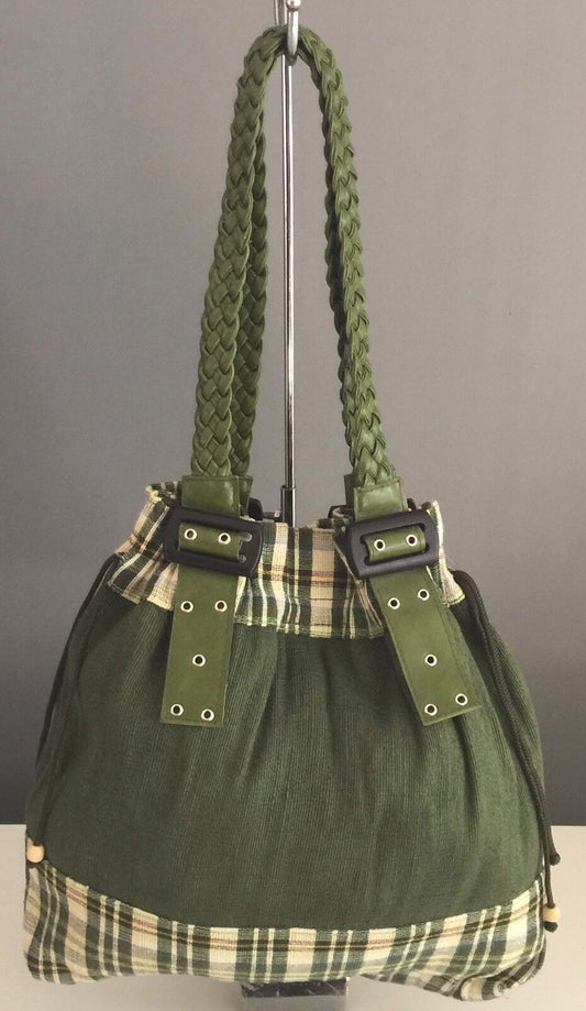 Large Shoulder Bag Tote Green Tartan Fabric Pleather Braided Handles Buckles NEW