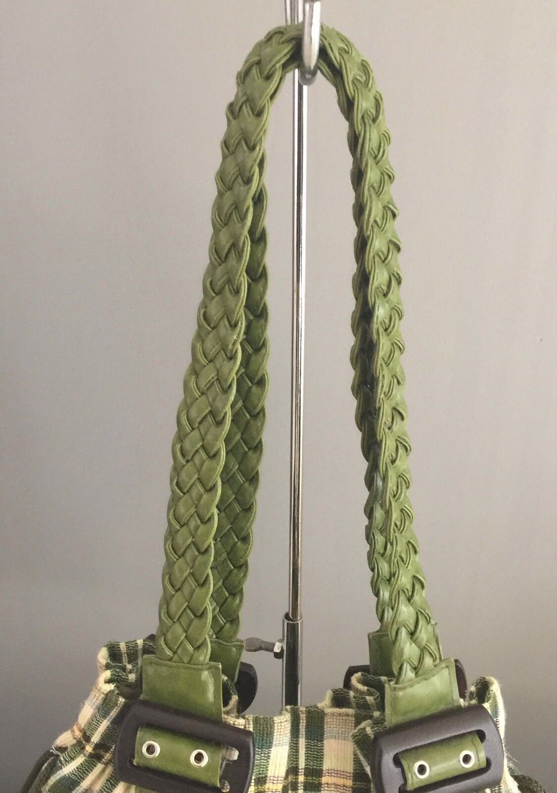 Large Shoulder Bag Tote Green Tartan Fabric Pleather Braided Handles Buckles NEW