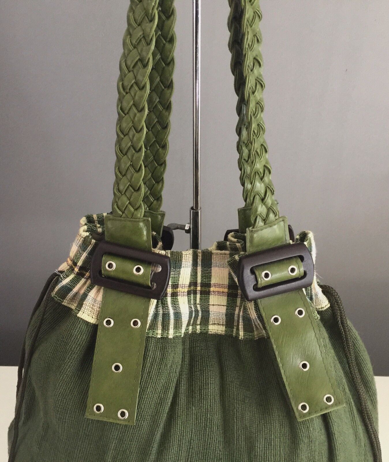 Large Shoulder Bag Tote Green Tartan Fabric Pleather Braided Handles Buckles NEW