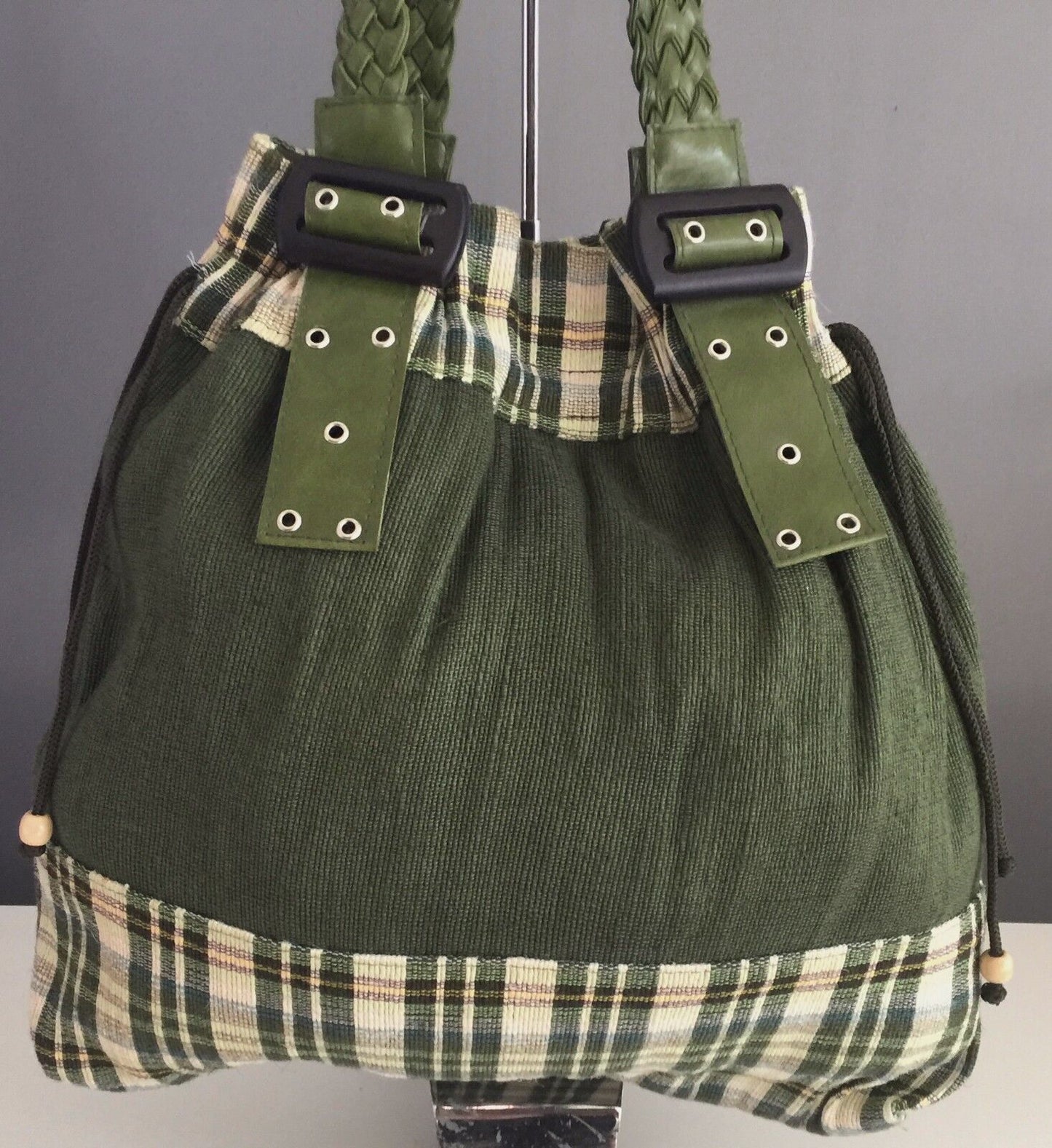 Large Shoulder Bag Tote Green Tartan Fabric Pleather Braided Handles Buckles NEW