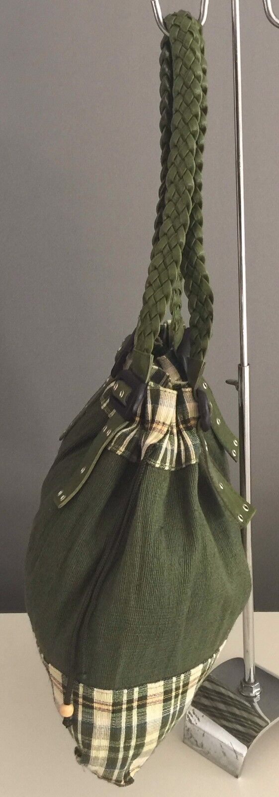 Large Shoulder Bag Tote Green Tartan Fabric Pleather Braided Handles Buckles NEW