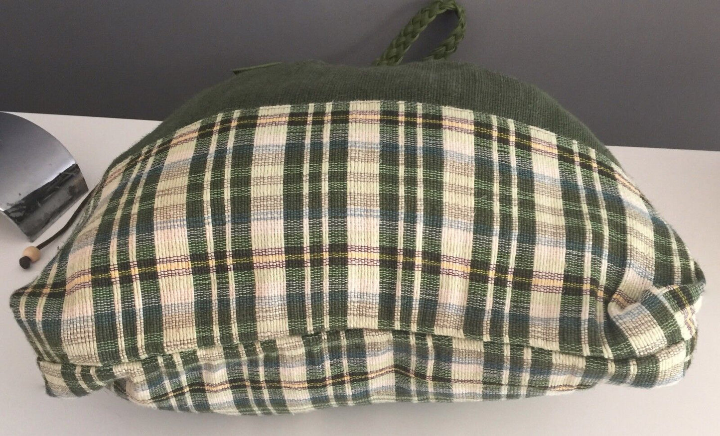 Large Shoulder Bag Tote Green Tartan Fabric Pleather Braided Handles Buckles NEW