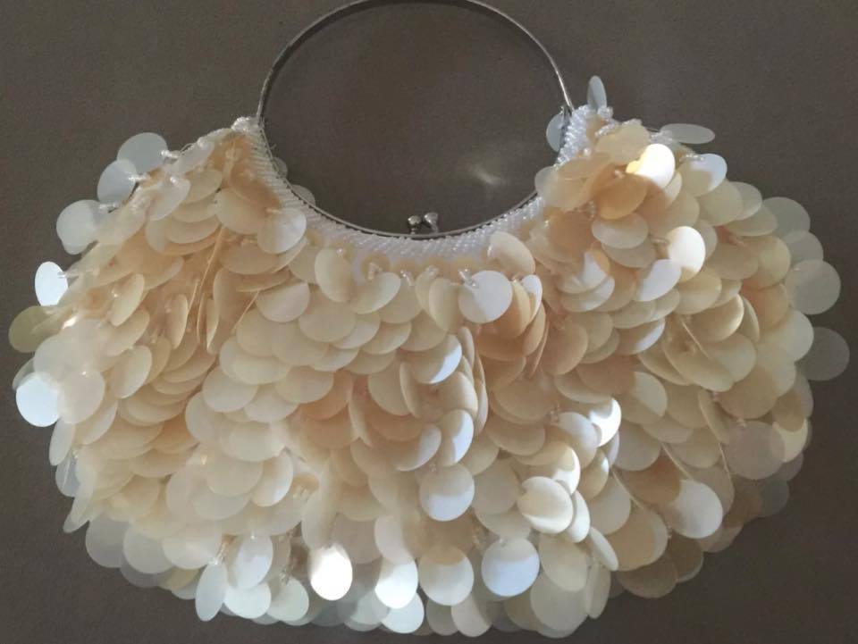 Evening Bag Gold Discs Beaded Half Moon Frame Handbag Round Silver Metal Handle