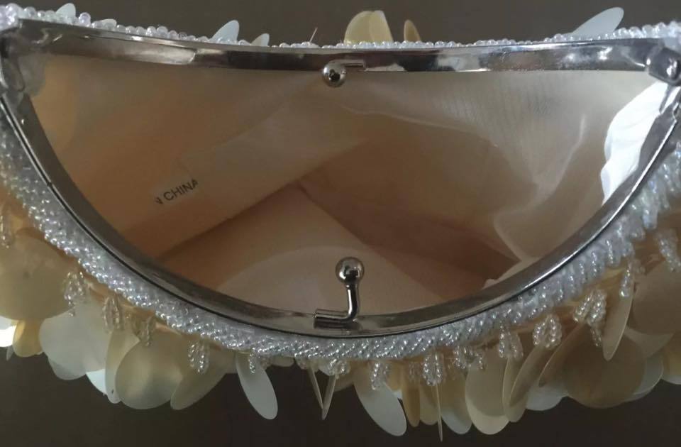 Evening Bag Gold Discs Beaded Half Moon Frame Handbag Round Silver Metal Handle