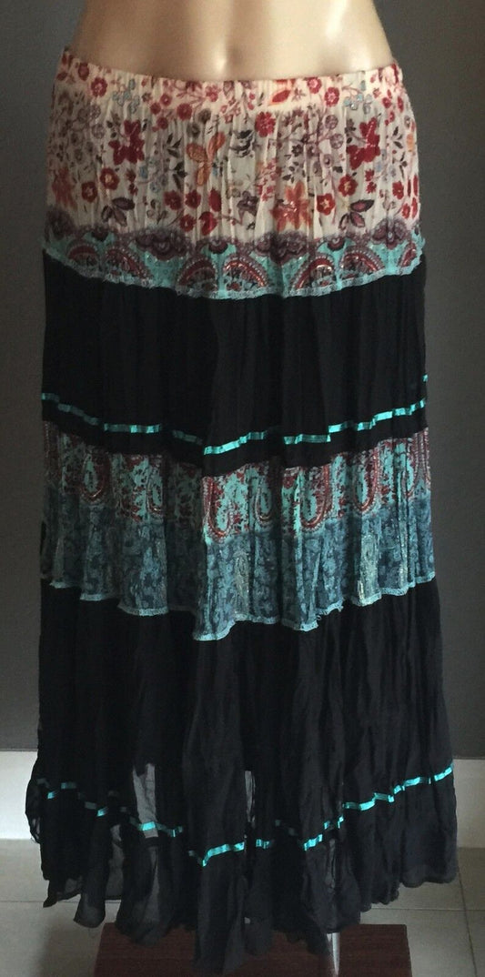 MISS ANNE Maxi Skirt Colourful Pleated Crinkle  Tier Size 8 10 Boho Hippie