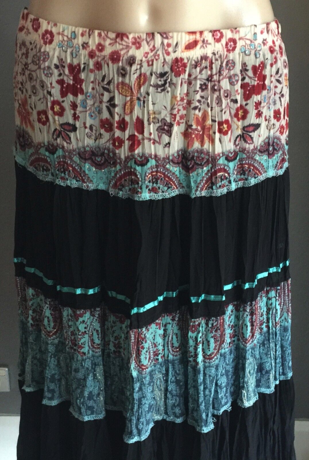 MISS ANNE Maxi Skirt Colourful Pleated Crinkle  Tier Size 8 10 Boho Hippie