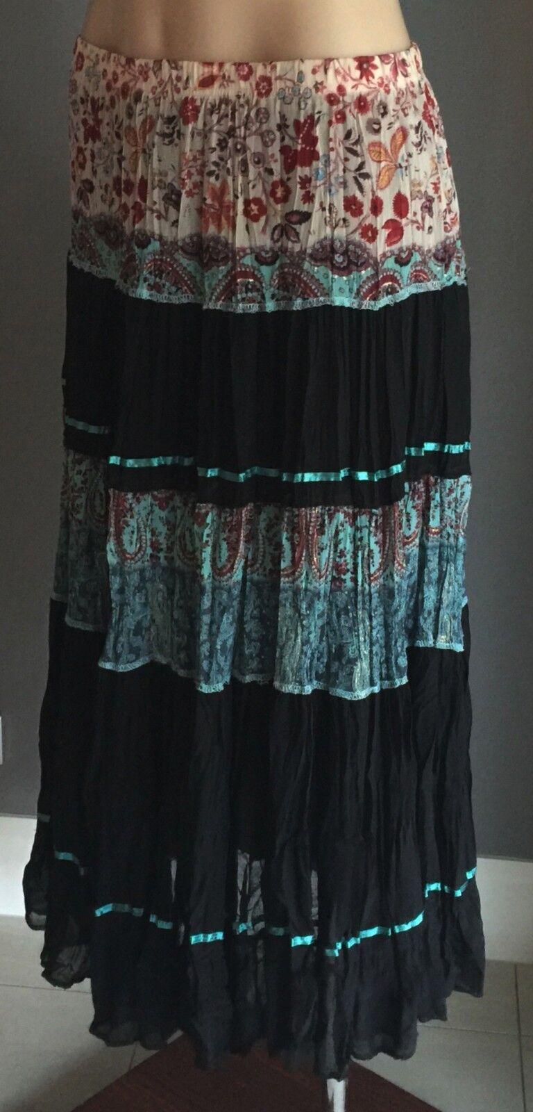 MISS ANNE Maxi Skirt Colourful Pleated Crinkle  Tier Size 8 10 Boho Hippie
