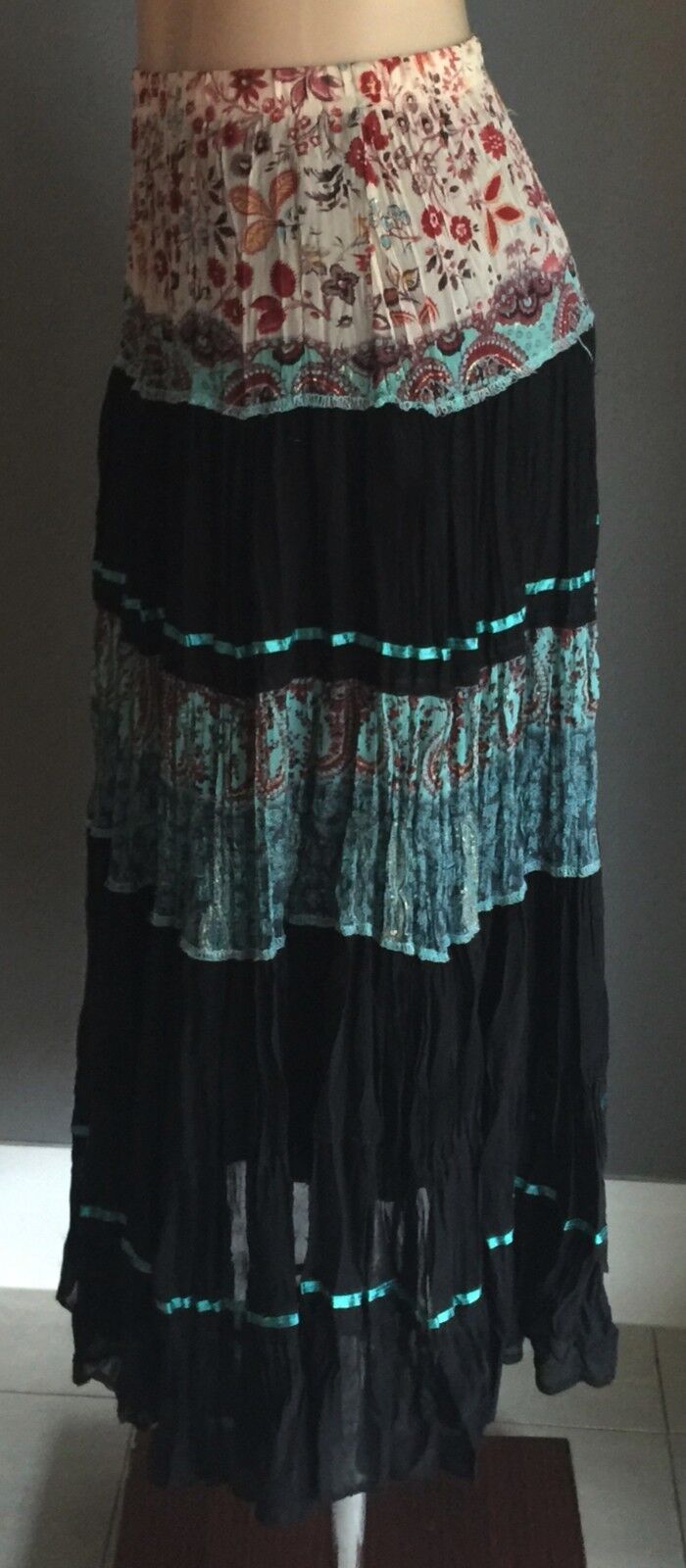 MISS ANNE Maxi Skirt Colourful Pleated Crinkle  Tier Size 8 10 Boho Hippie