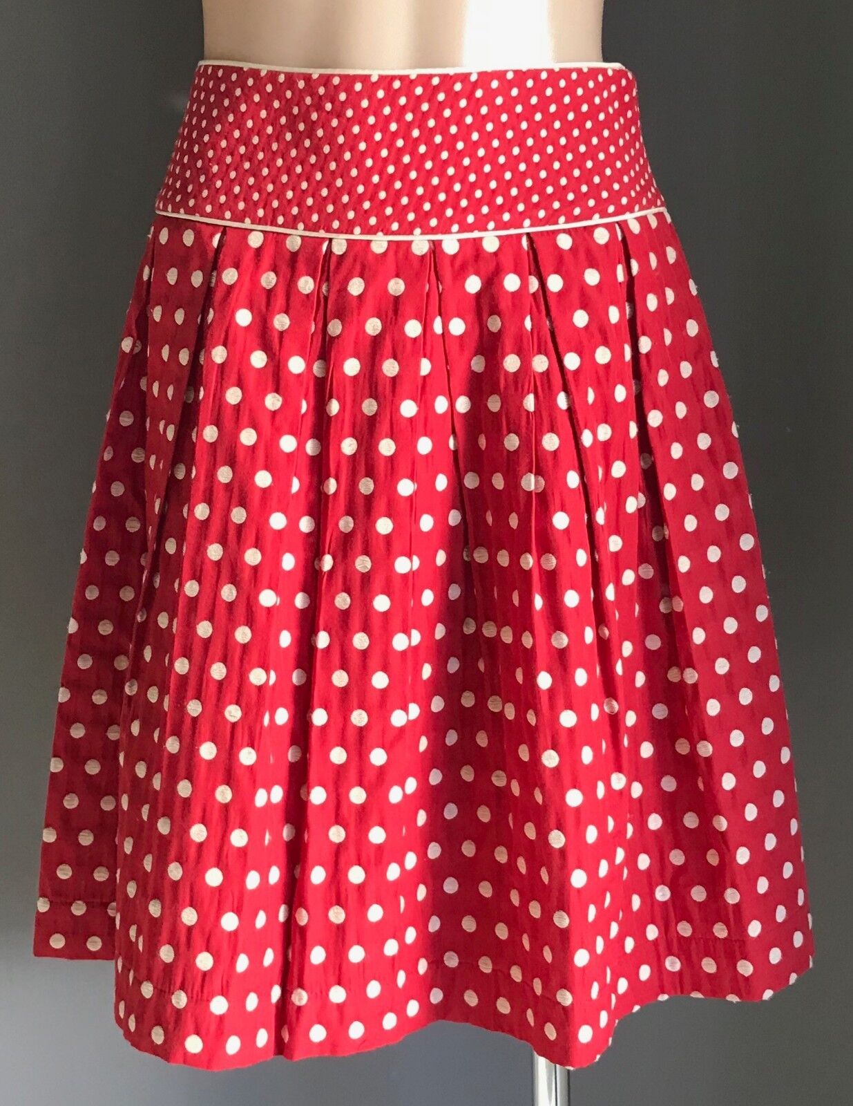 REVIEW Skirt Red White Polka Dot Pleat Lined Waist Panel Size 8 10 Rockabilly