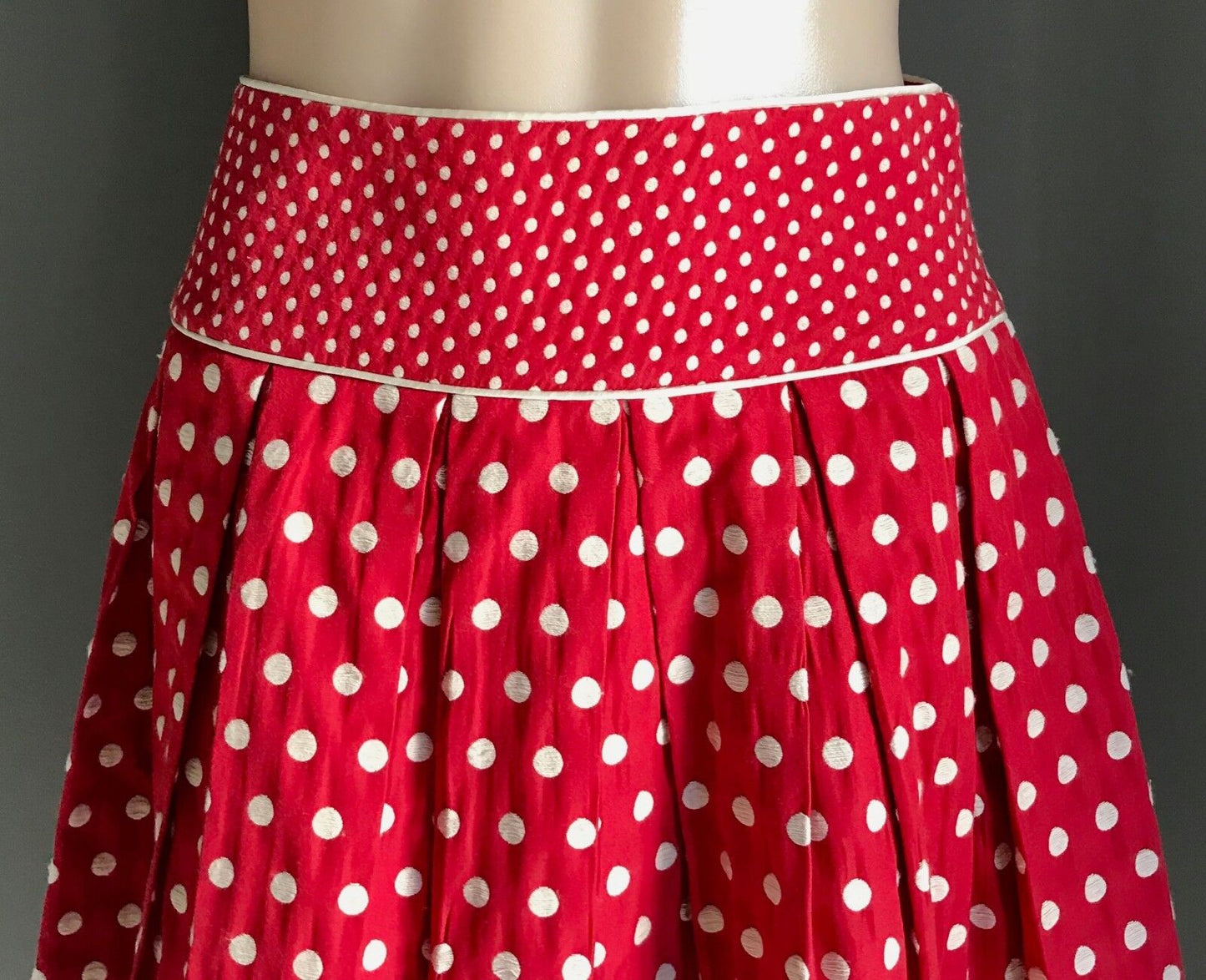 REVIEW Skirt Red White Polka Dot Pleat Lined Waist Panel Size 8 10 Rockabilly