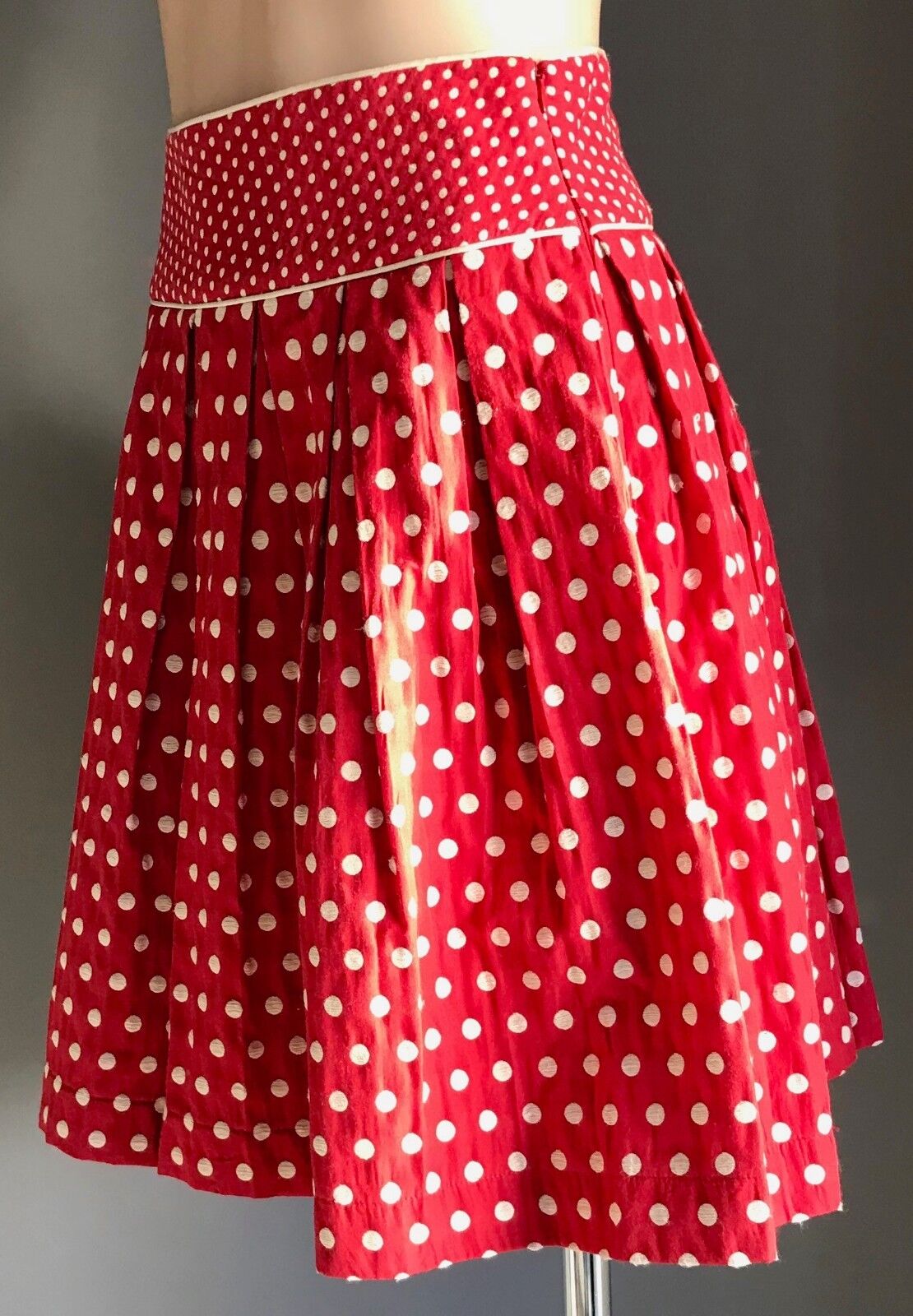 REVIEW Skirt Red White Polka Dot Pleat Lined Waist Panel Size 8 10 Rockabilly