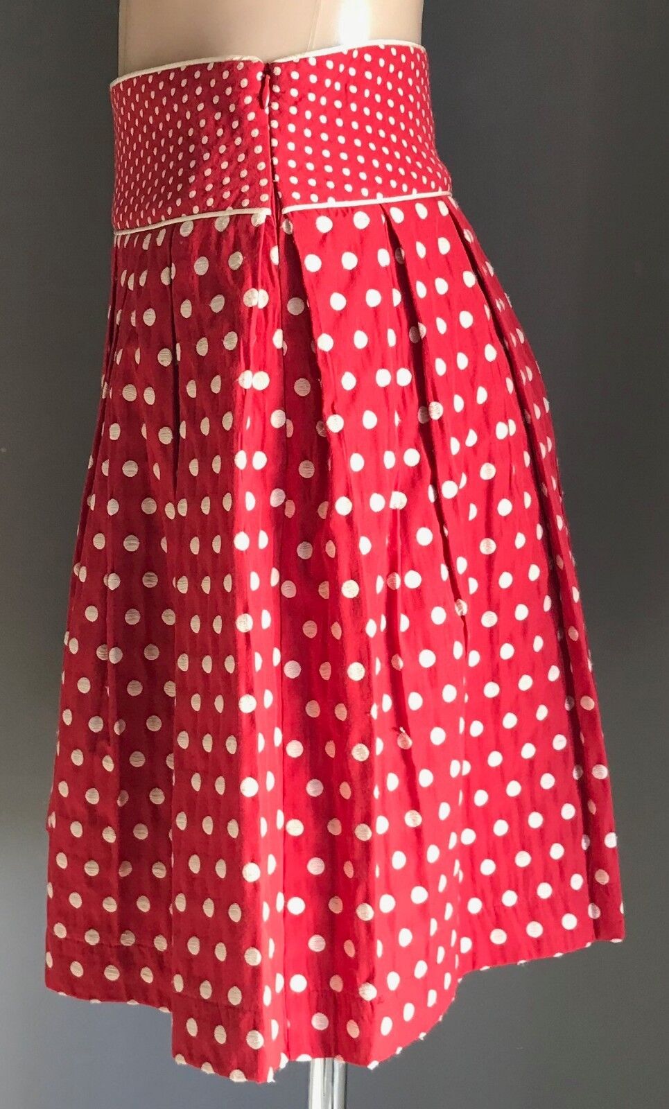 REVIEW Skirt Red White Polka Dot Pleat Lined Waist Panel Size 8 10 Rockabilly
