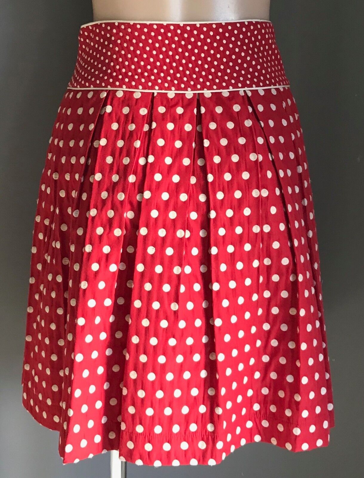 REVIEW Skirt Red White Polka Dot Pleat Lined Waist Panel Size 8 10 Rockabilly